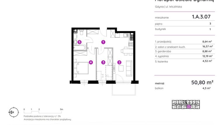 Rzut - Mieszkanie na sprzedaż 2 pokoje o powierzchni 50,8 m² - numer 1.A.3.07 w Murapol Osiedle Dynamiq