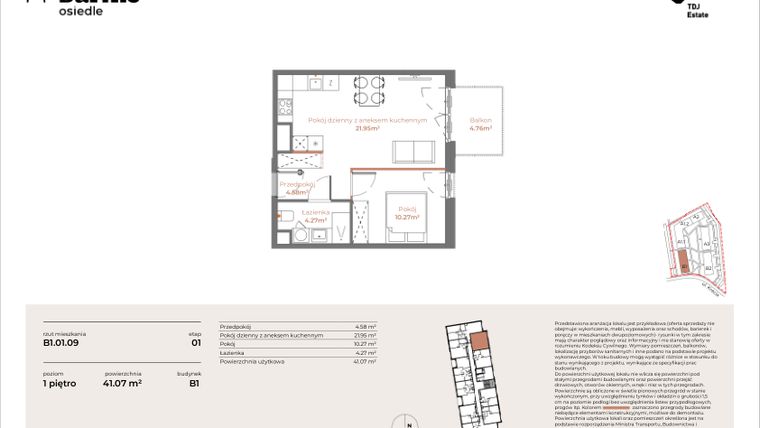 Rzut - Mieszkanie na sprzedaż 2 pokoje o powierzchni 41,07 m² - numer B1-01.09 w Sarnie Osiedle