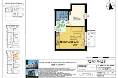 Rzut - Mieszkanie na sprzedaż 2 pokoje o powierzchni 39,94 m² - numer A.12 w Trio Park