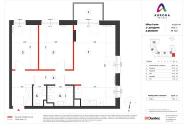 Rzut - Mieszkanie na sprzedaż 3 pokoje o powierzchni 64 m² - numer L-133 w Osiedle Aurora - bud. L