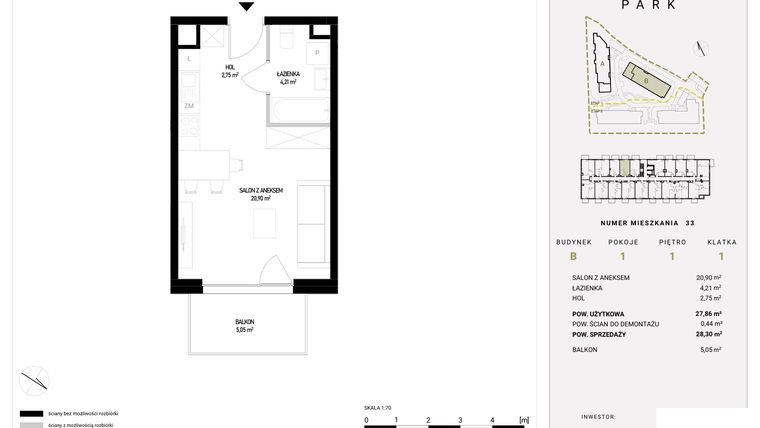Rzut - Mieszkanie na sprzedaż 1 pokój o powierzchni 28,3 m² - numer B33 w Witosa Park