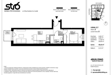 Rzut - Mieszkanie na sprzedaż 2 pokoje o powierzchni 42,65 m² - numer 2.7 w Nowa Strycharska | STR 6