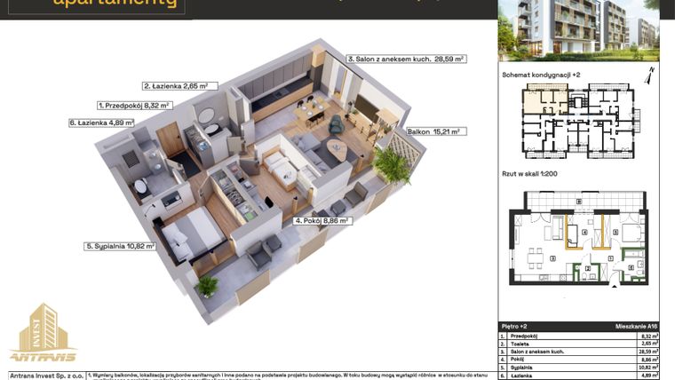 Rzut - Mieszkanie na sprzedaż 3 pokoje o powierzchni 65,95 m² - numer A16 w Osiedle Wełnowe Apartamenty