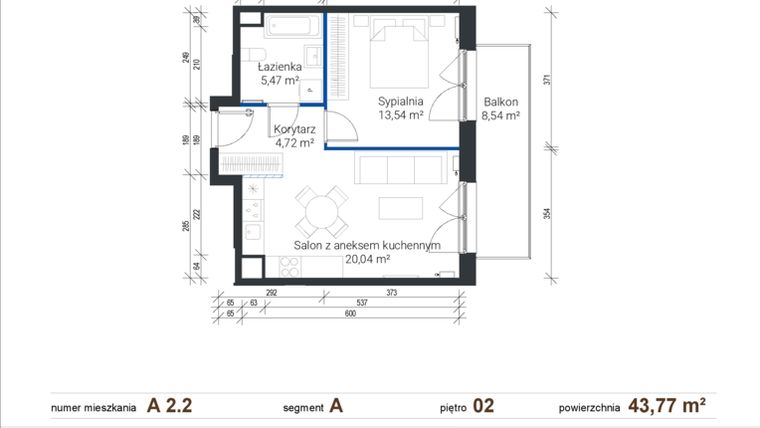 Rzut - Mieszkanie na sprzedaż 2 pokoje o powierzchni 43,77 m² - numer A 2.2 w Nowe Zabłocie