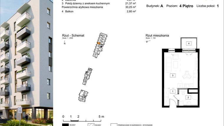 Rzut - Mieszkanie na sprzedaż 1 pokój o powierzchni 30,25 m² - numer A.58 w Osiedle Kochanowskiego - Gliwice