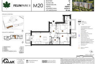 Rzut - Mieszkanie na sprzedaż 3 pokoje o powierzchni 62,14 m² - numer M20 w Felin Park II