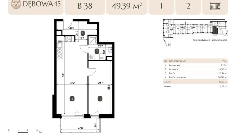 Rzut - Lokal użytkowy na sprzedaż 2 pokoje o powierzchni 49,39 m² - numer B.38 - LU5 w Dębowa 45