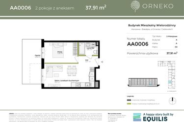 Rzut - Mieszkanie na sprzedaż 2 pokoje o powierzchni 37,91 m² - numer AA0006 w Orneko