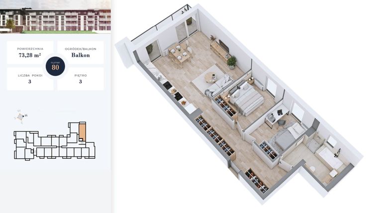 Rzut - Mieszkanie na sprzedaż 3 pokoje o powierzchni 73,28 m² - numer 80 w Apartamenty Home Premium etap 2