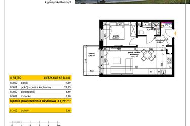 Rzut - Mieszkanie na sprzedaż 2 pokoje o powierzchni 41,78 m² - numer B 3.02 w Park Moniuszki II C