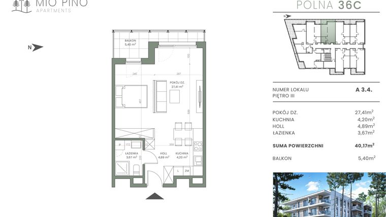 Rzut - Mieszkanie na sprzedaż 2 pokoje o powierzchni 39,72 m² - numer 3.4 w Mio Pino