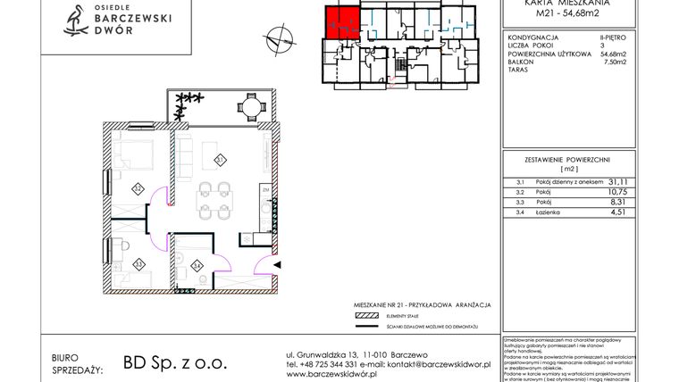 Rzut - Mieszkanie na sprzedaż 3 pokoje o powierzchni 54,68 m² - numer M21 w Osiedle Barczewski Dwór etap III