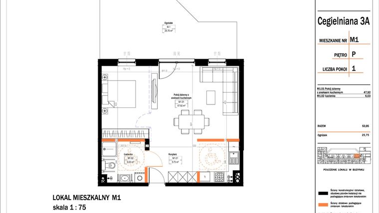 Rzut - Mieszkanie na sprzedaż 1 pokój o powierzchni 53,95 m² - numer 1 w Osiedle StaLove etap II