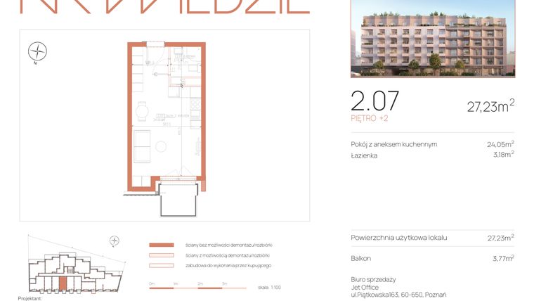 Rzut - Mieszkanie na sprzedaż 1 pokój o powierzchni 27,23 m² - numer 2.07 w Na Wildzie