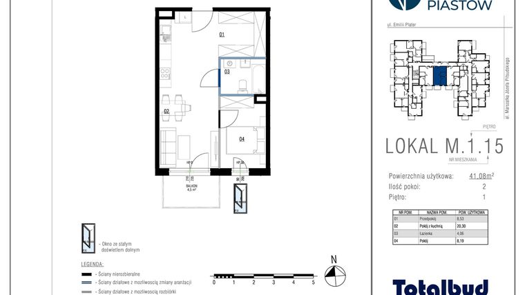 Rzut - Mieszkanie na sprzedaż 2 pokoje o powierzchni 41,08 m² - numer M.1.15 w Viva Piastów
