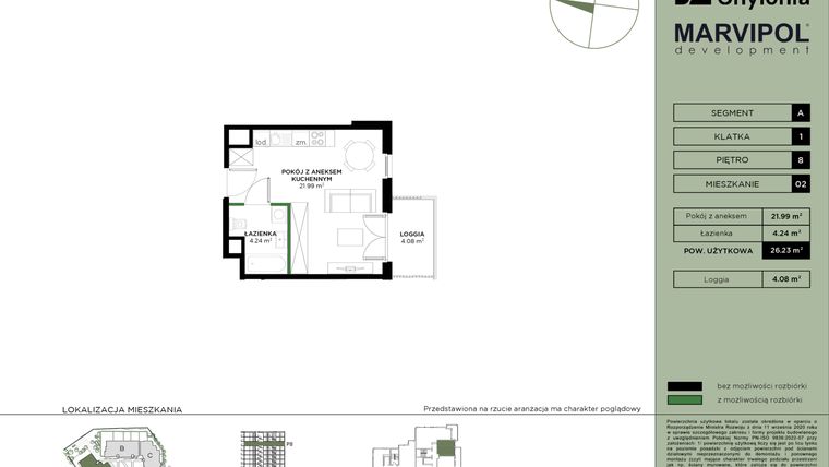 Rzut - Mieszkanie na sprzedaż 1 pokój o powierzchni 26,23 m² - numer A1-8-02 w Nowa Chylonia