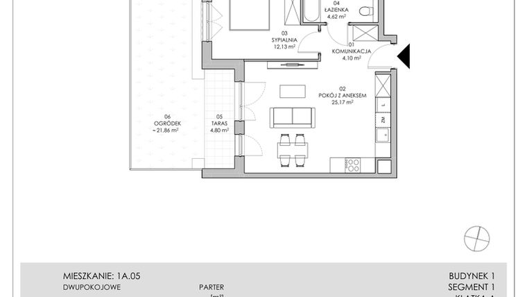 Rzut - Mieszkanie na sprzedaż 2 pokoje o powierzchni 46,02 m² - numer 1A.05 w Skwer Harmonia II