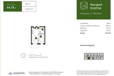 Rzut - Mieszkanie na sprzedaż 2 pokoje o powierzchni 34,73 m² - numer 2.A.2.02 w Murapol EcoOne