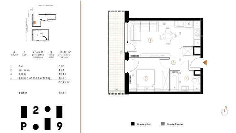 Rzut - Mieszkanie na sprzedaż 2 pokoje o powierzchni 37,75 m² - numer A6 w Paderewskiego 29