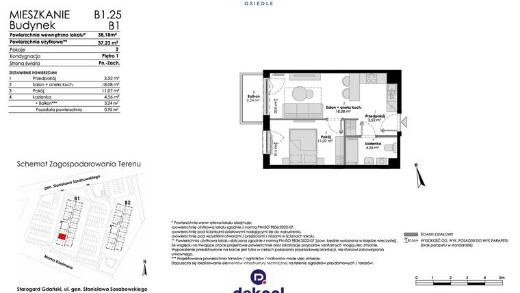Rzut - Mieszkanie na sprzedaż 2 pokoje o powierzchni 37,23 m² - numer B1.25 w Osiedle Chabrowe