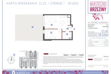 Rzut - Mieszkanie na sprzedaż 2 pokoje o powierzchni 39,52 m² - numer C1.01 w Miasteczko Brzeziny II