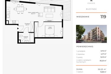 Rzut - Mieszkanie na sprzedaż 2 pokoje o powierzchni 50,25 m² - numer 119 w Mikusińskiego 25