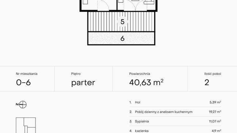 Rzut - Mieszkanie na sprzedaż 2 pokoje o powierzchni 40,63 m² - numer 0-6 w Pączka 1