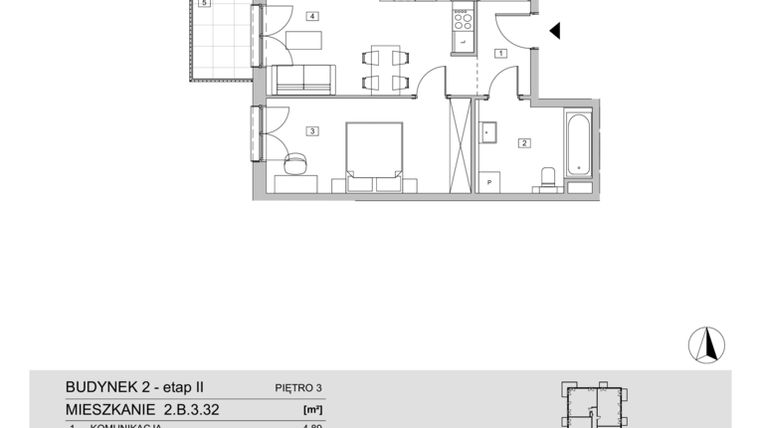 Rzut - Mieszkanie na sprzedaż 2 pokoje o powierzchni 47,11 m² - numer 2.B.3.32 w ATAL Apollina II