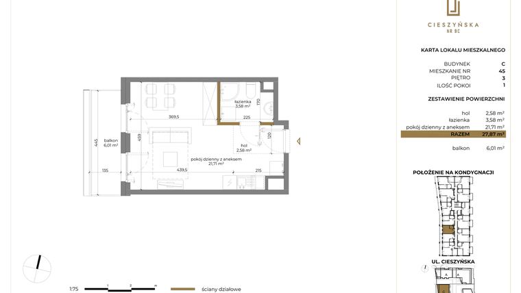 Rzut - Mieszkanie na sprzedaż 1 pokój o powierzchni 27,84 m² - numer C-45 w Cieszyńska 9 budynek B i C