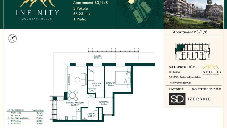 Rzut - Mieszkanie na sprzedaż 3 pokoje o powierzchni 56,23 m² - numer B3.1.8 w Infinity Mountain Resort