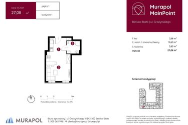 Rzut - Mieszkanie na sprzedaż 1 pokój o powierzchni 27,08 m² - numer 1.C.1.07 w Murapol MainPoint