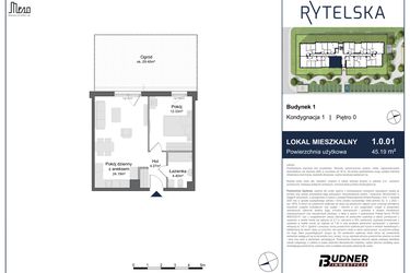 Rzut - Mieszkanie na sprzedaż 2 pokoje o powierzchni 45,19 m² - numer 1.0.01 w Rytelska