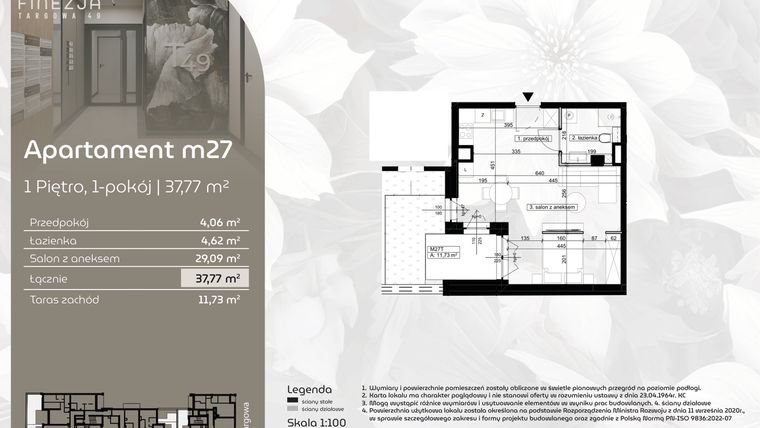 Rzut - Mieszkanie na sprzedaż 1 pokój o powierzchni 37,77 m² - numer M27 w Finezja Targowa 49