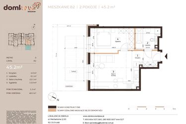 Rzut - Mieszkanie na sprzedaż 2 pokoje o powierzchni 45,2 m² - numer B2 w Domkove Widzew