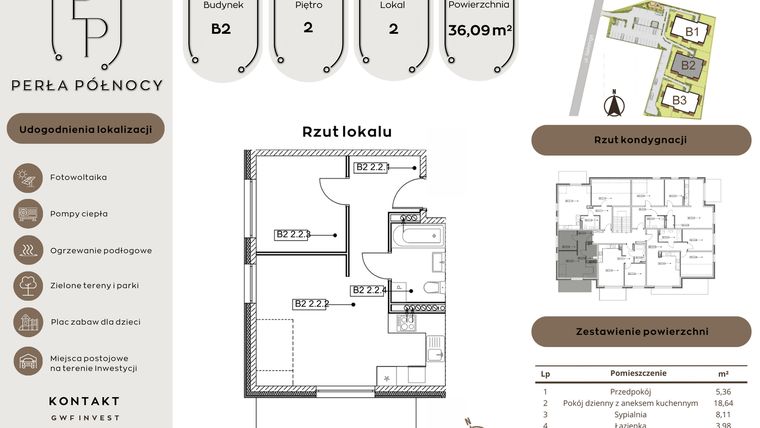 Rzut - Mieszkanie na sprzedaż 2 pokoje o powierzchni 36,09 m² - numer B2.2_2 w Perła Północy etap 2