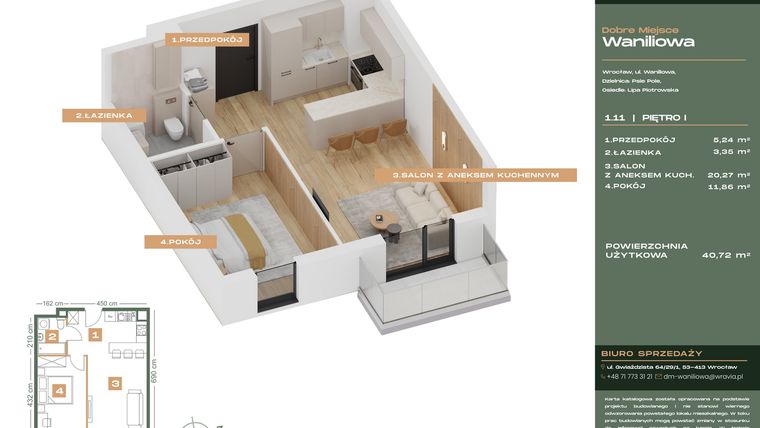 Rzut - Mieszkanie na sprzedaż 2 pokoje o powierzchni 40,72 m² - numer L.1-11 w Dobre Miejsce Waniliowa