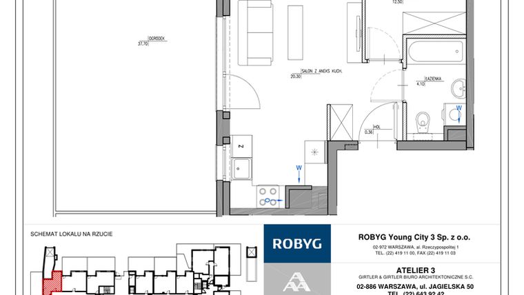 Rzut - Mieszkanie na sprzedaż 2 pokoje o powierzchni 37,26 m² - numer MC/J/A/0/8 w Modern City etap J