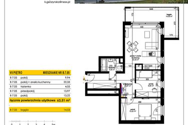 Rzut - Mieszkanie na sprzedaż 3 pokoje o powierzchni 63,51 m² - numer B 7.05 w Park Moniuszki II C