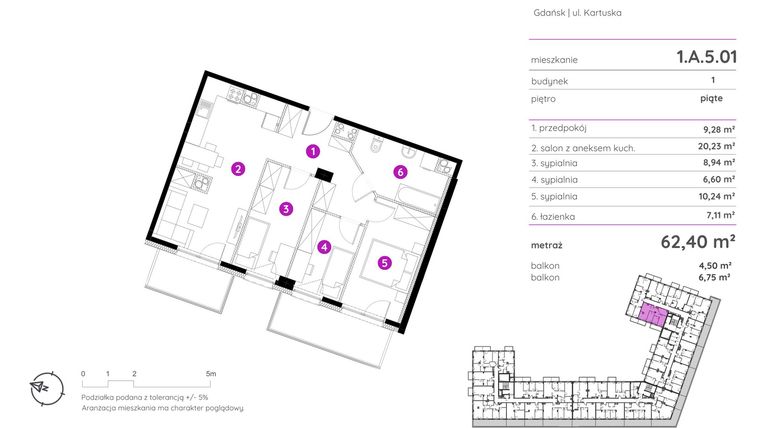 Rzut - Mieszkanie na sprzedaż 4 pokoje o powierzchni 62,4 m² - numer 1.A.5.01 w Murapol Scarpa