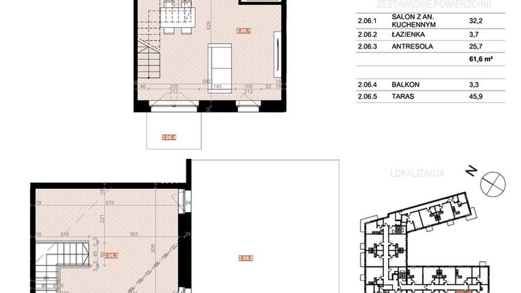 Rzut - Mieszkanie na sprzedaż 2 pokoje o powierzchni 61,6 m² - numer 206 w Szczecińska 20