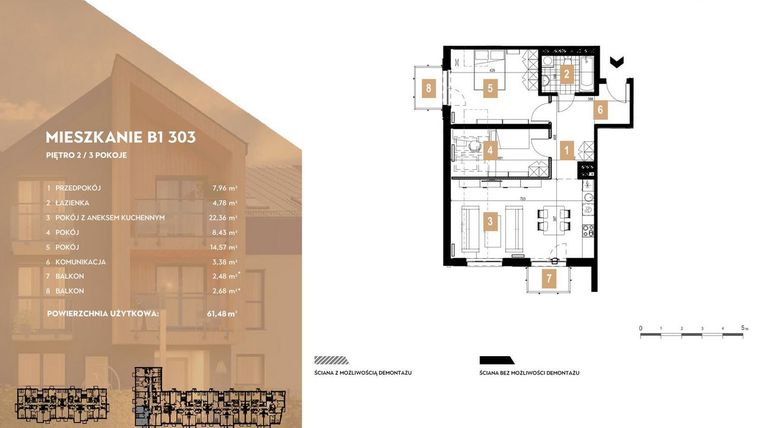 Rzut - Mieszkanie na sprzedaż 3 pokoje o powierzchni 61,48 m² - numer B1.303 w MOTTO Wojnów