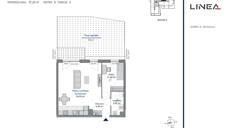 Rzut - Mieszkanie na sprzedaż 2 pokoje o powierzchni 57,2 m² - numer B.0.4 w Linea