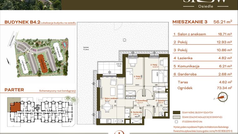 Rzut - Mieszkanie na sprzedaż 3 pokoje o powierzchni 56,21 m² - numer B4.2.3 w Osiedle SLOW