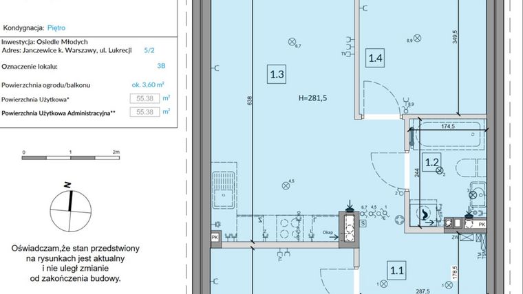 Rzut - Mieszkanie na sprzedaż 3 pokoje o powierzchni 55,38 m² - numer 3B w Osiedle Młodych