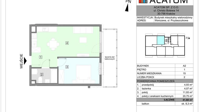 Rzut - Mieszkanie na sprzedaż 2 pokoje o powierzchni 41,68 m² - numer A2.15 w Wawer Go 2.0