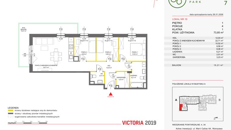 Rzut - Mieszkanie na sprzedaż 4 pokoje o powierzchni 73,91 m² - numer 19 w Olchowy Park VII