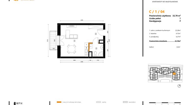 Rzut - Mieszkanie na sprzedaż 1 pokój o powierzchni 32,7 m² - numer C.1.04 w SPOT