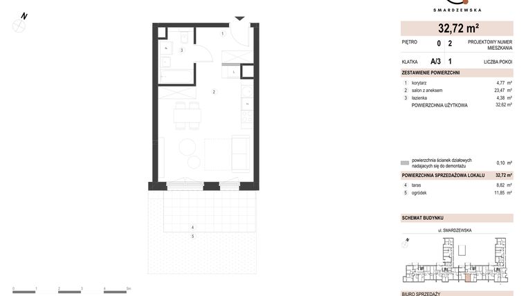 Rzut - Mieszkanie na sprzedaż 1 pokój o powierzchni 32,72 m² - numer A/3/0.2 w Smardzewska 8