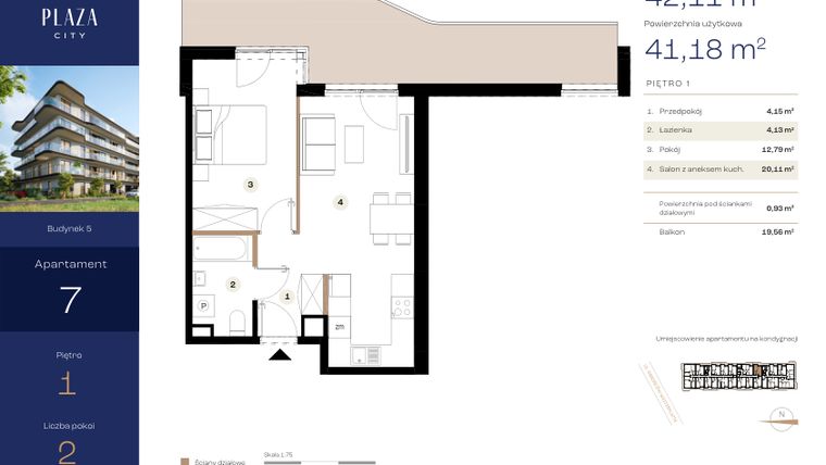 Rzut - Mieszkanie na sprzedaż 2 pokoje o powierzchni 42,11 m² - numer B5M7 w Plaza City