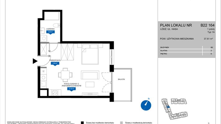 Rzut - Mieszkanie na sprzedaż 1 pokój o powierzchni 37,61 m² - numer B22 164 w Flow - bud. B2 A i bud. B2 B